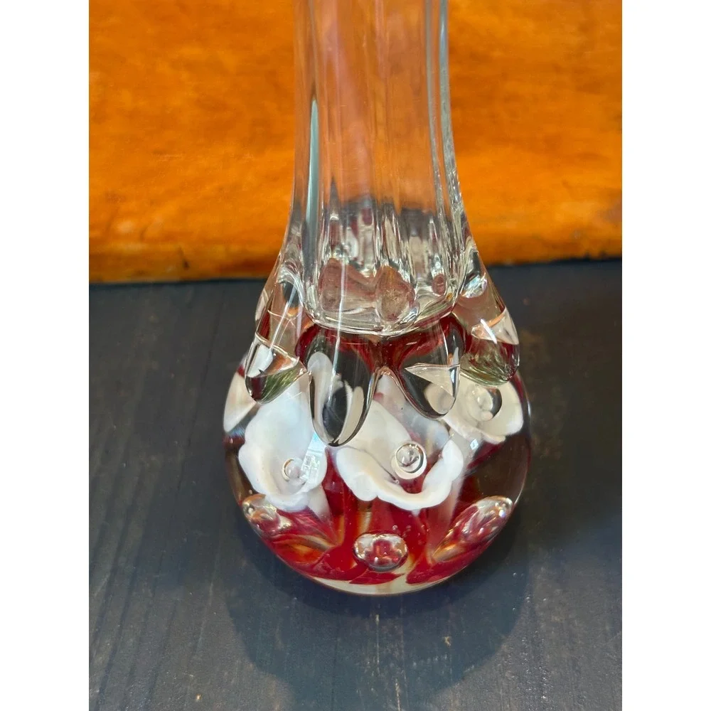 Art Glass Bud Vase Red White Calla Lily Controlled Bubble Paperweight Base